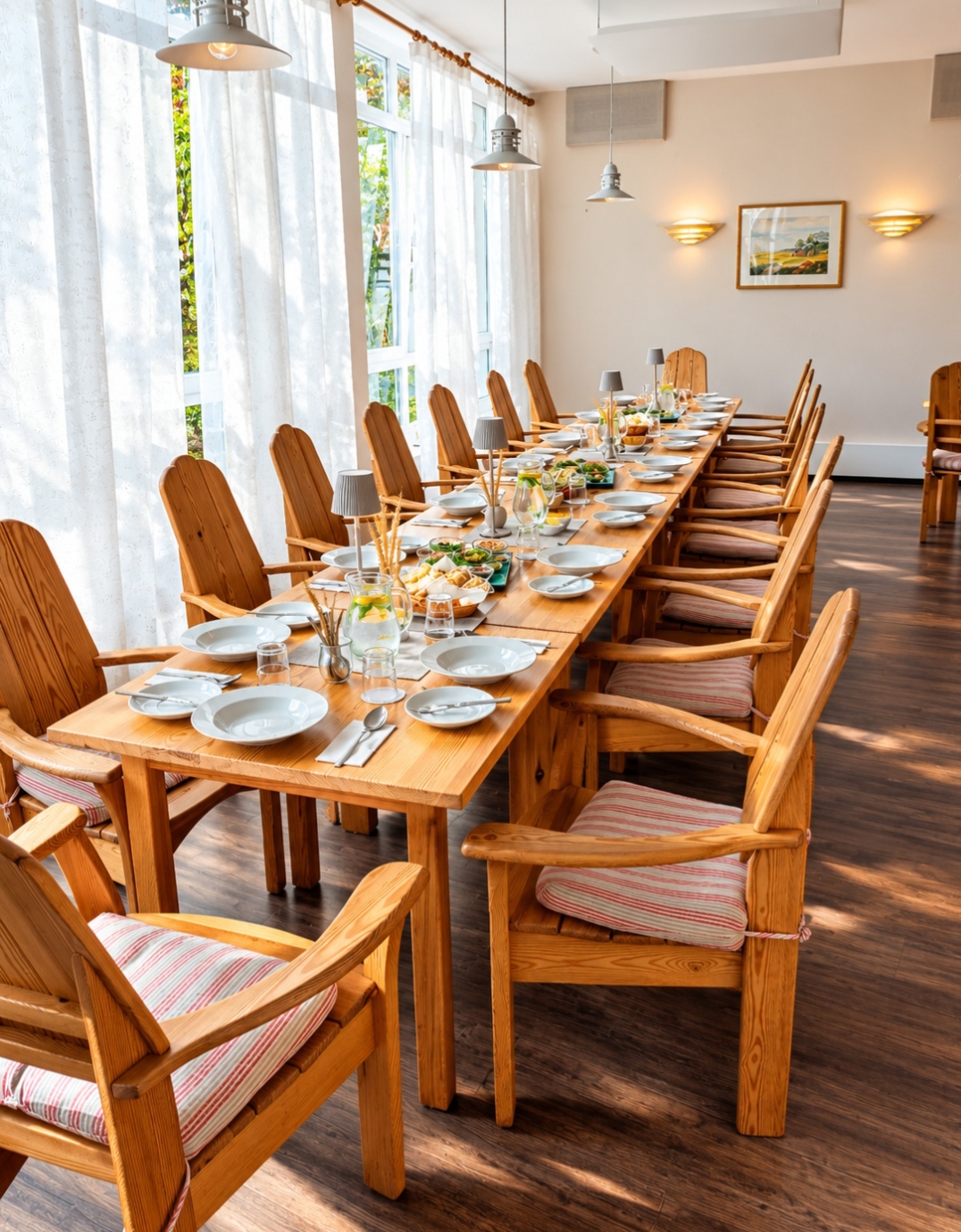 Der Speisesaal mit langer Holztafel